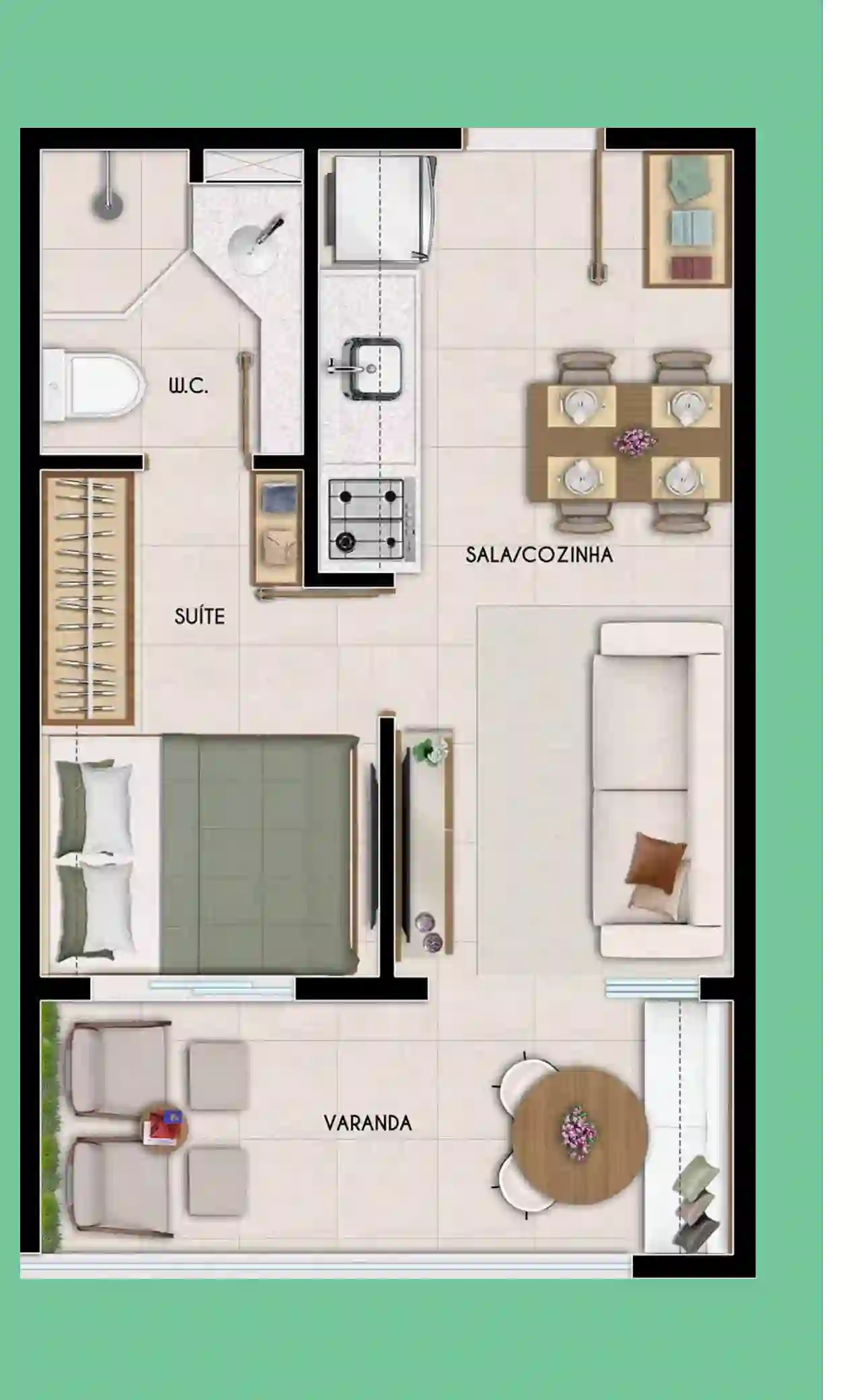 Planta do apartamento quarto e sala do Smart Caminho das Árvores em Salvador
