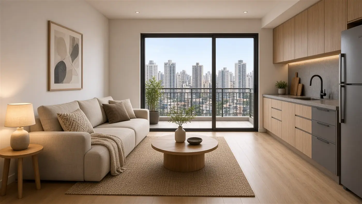 Apartamento quarto e sala do Smart Caminho das Árvores em Salvador, sala e cozinha integradas